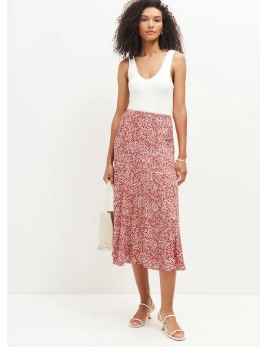 Reformation Red and Cream Floral Bryson Midi Skirt